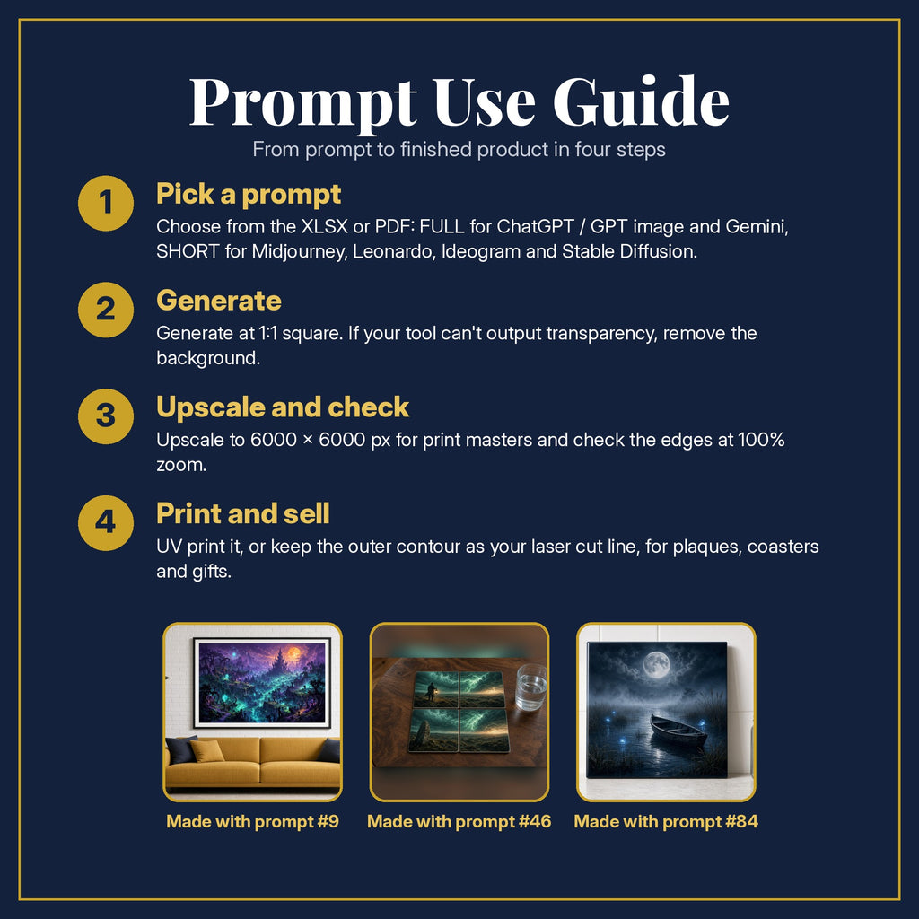 Prompt Use Guide for the Horror and Supernatural, Cinematic & Bold Collection: pick a prompt, generate, upscale and check, print and sell, with sample products made with the pack's prompts
