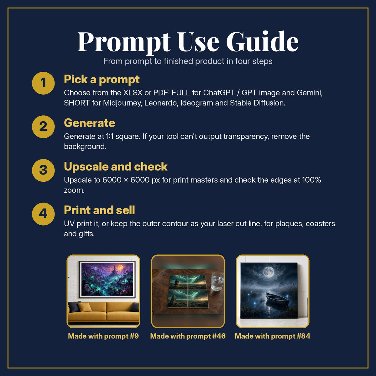 Prompt Use Guide for the Horror and Supernatural, Cinematic & Bold Collection: pick a prompt, generate, upscale and check, print and sell, with sample products made with the pack's prompts