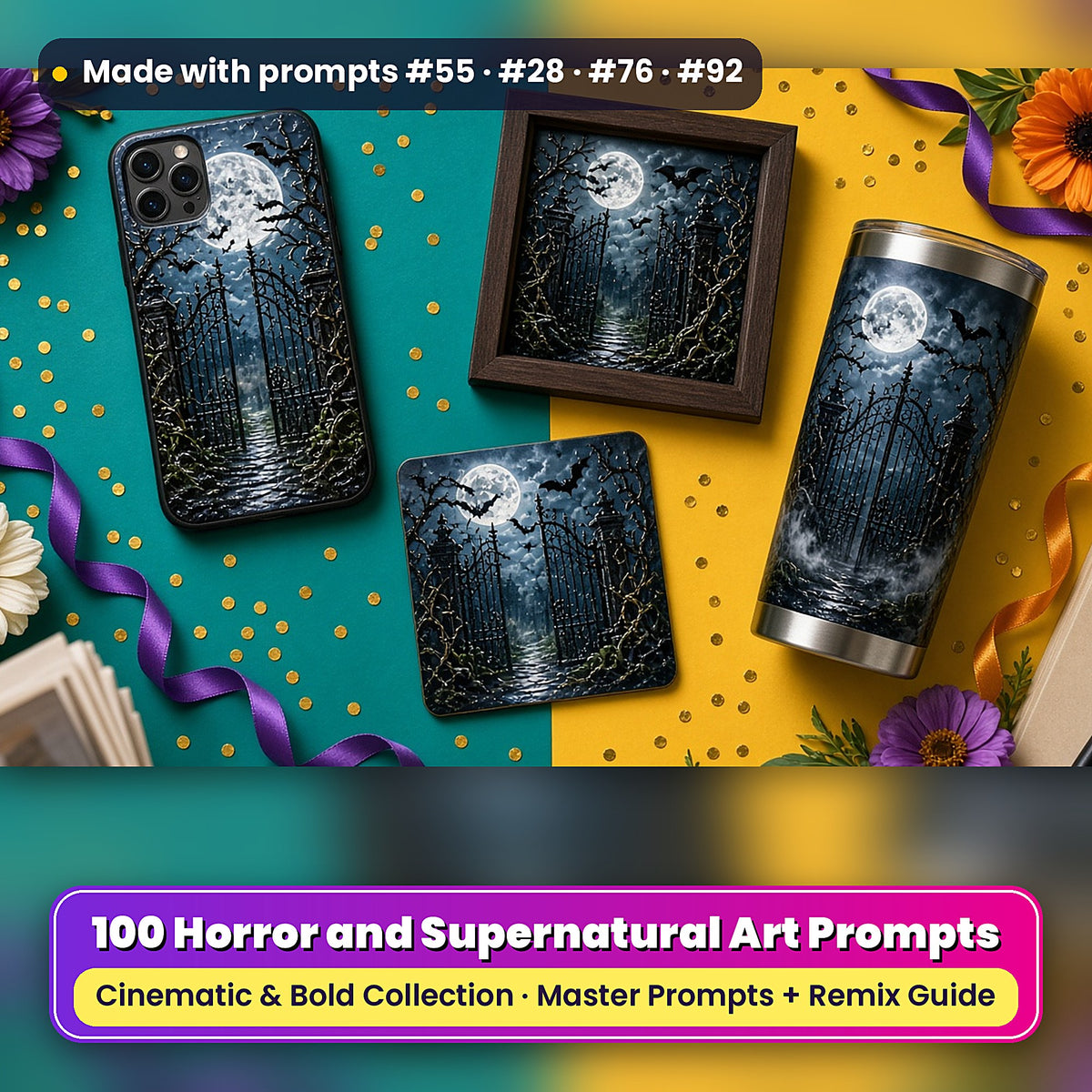 Horror and Supernatural, Cinematic & Bold Collection: realistic UV-printed mockup, made with prompts #55 · #28 · #76 · #92