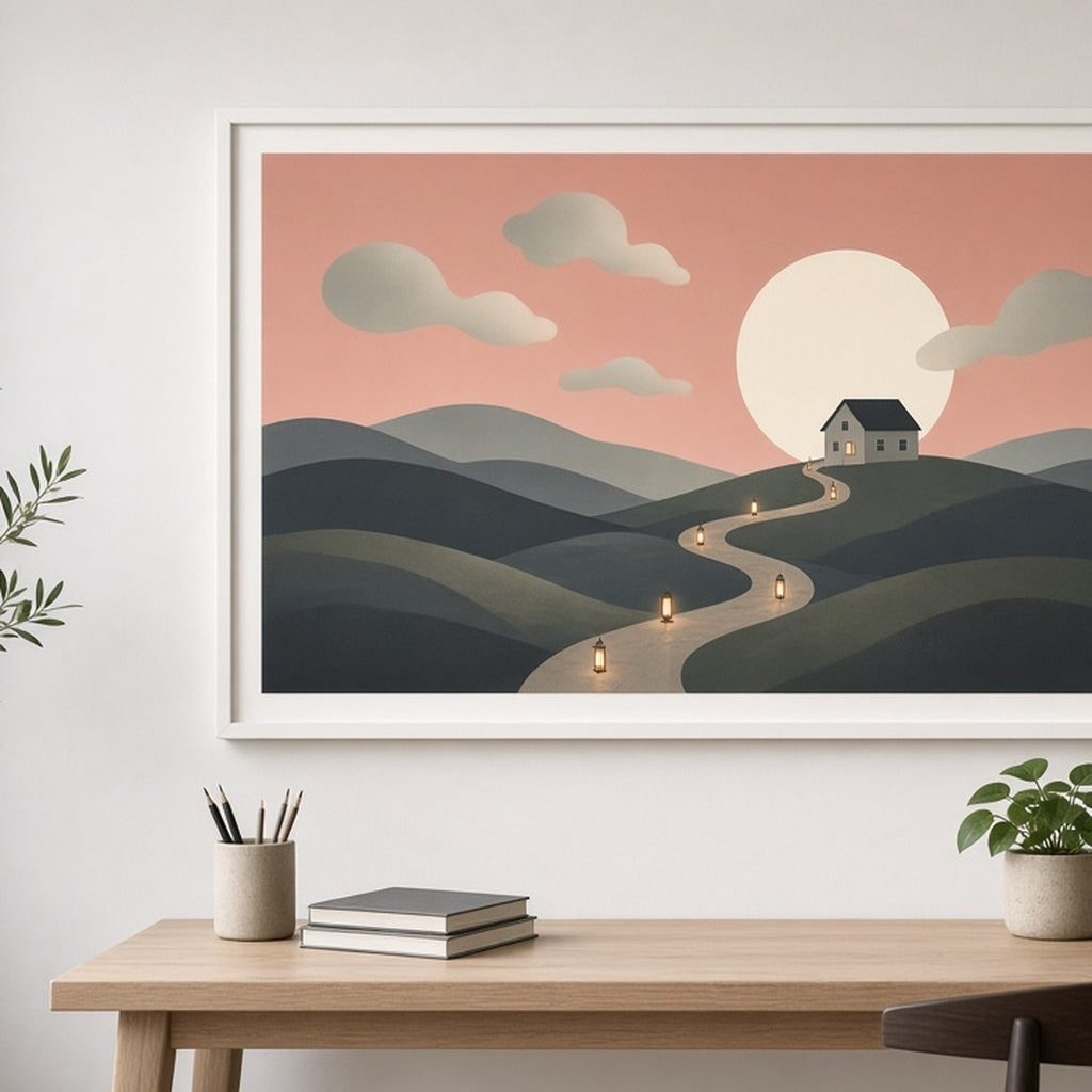 Modern minimal moonlit hills with a lantern-lit winding path to a lone house printed flat on a framed print in a study, made with prompt #9