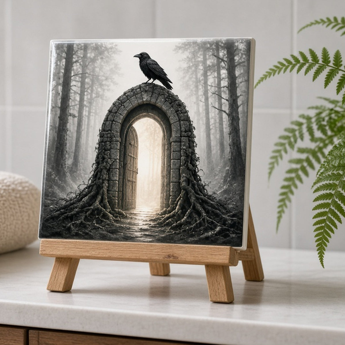 Monochrome stone archway gateway wrapped in roots with a raven and a glowing door printed flat on a ceramic tile, made with prompt #21