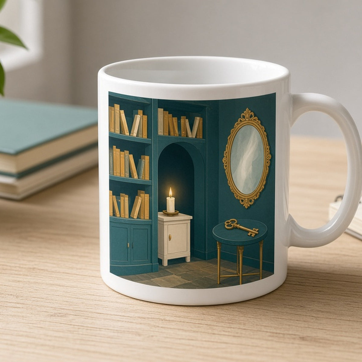 Minimal hidden room with bookshelves, a candle, a glowing oval mirror and a key printed flat on a mug, made with prompt #2