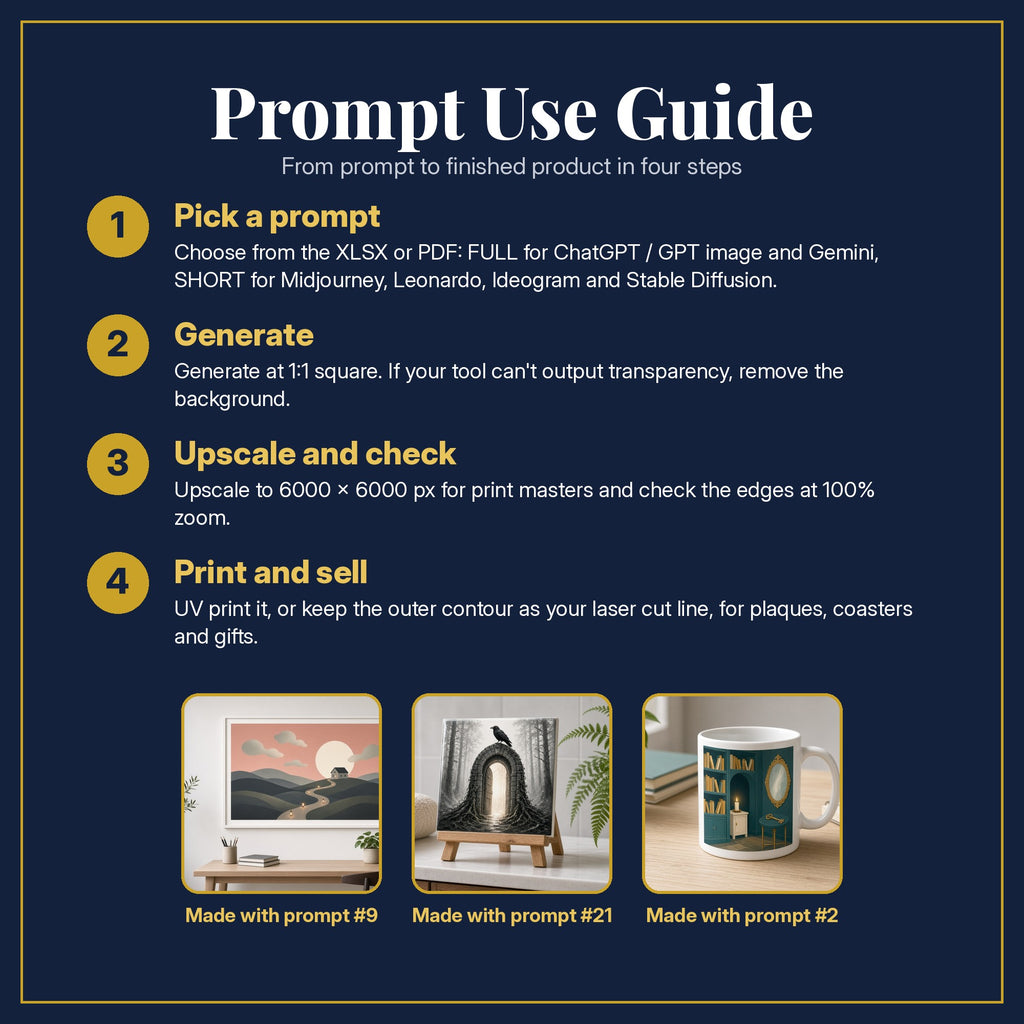 Prompt Use Guide for the Horror and Supernatural, Clean & Graphic Collection: pick a prompt, generate, upscale and check, print and sell, with sample products made with the pack's prompts