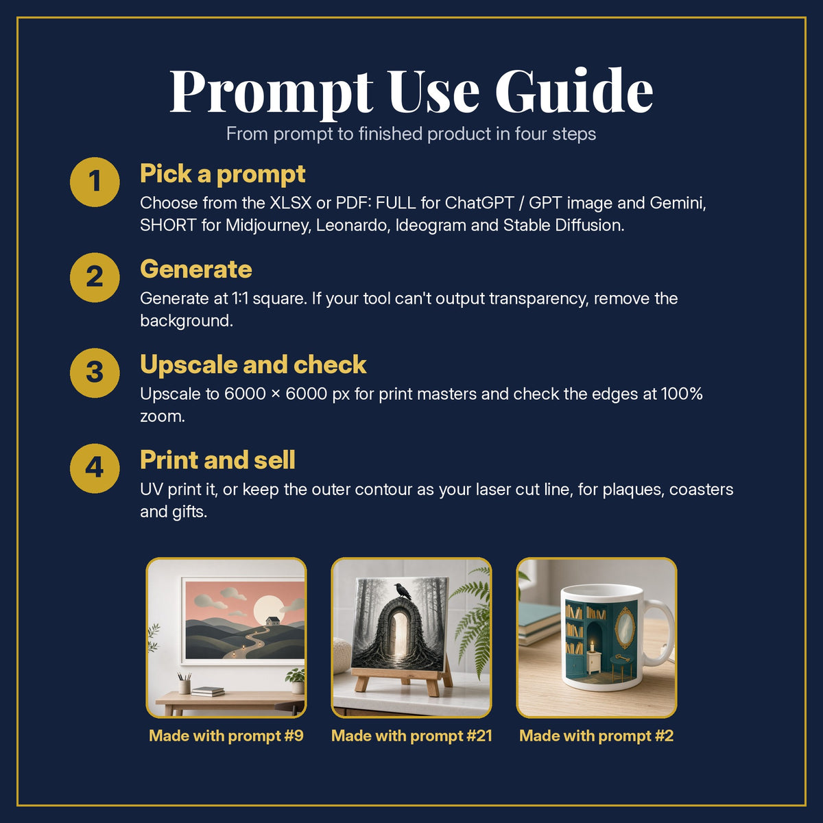 Prompt Use Guide for the Horror and Supernatural, Clean & Graphic Collection: pick a prompt, generate, upscale and check, print and sell, with sample products made with the pack's prompts