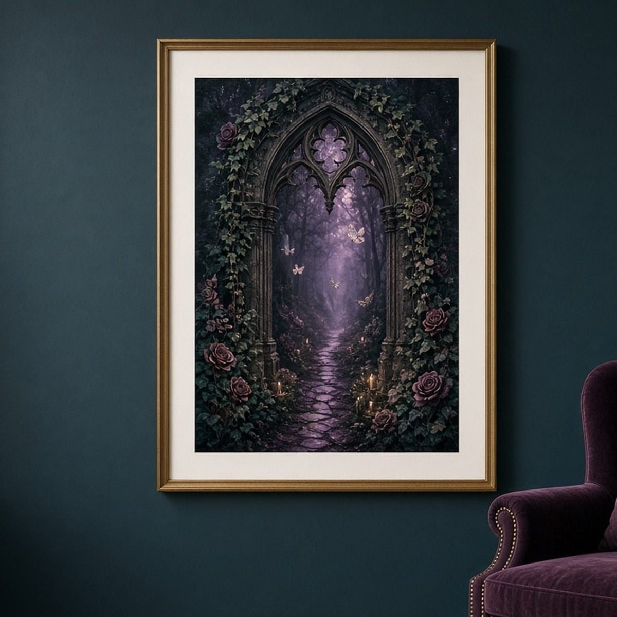 Luxury gothic stone archway wrapped in dark roses and ivy opening onto a violet misty path printed flat on a framed print in a reading room, made with prompt #41