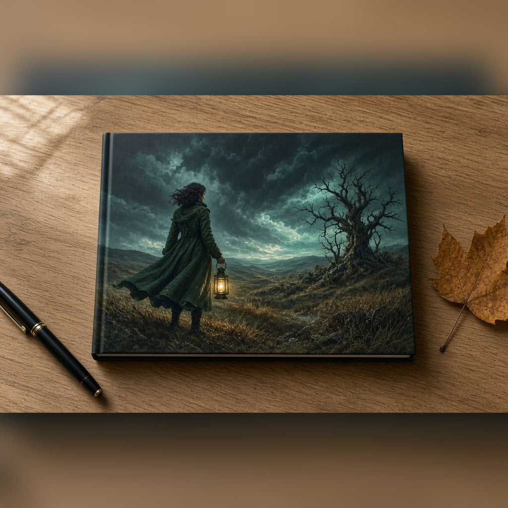 Illustrated ghost hunter in a green coat with a lantern on a moor as a storm approaches printed flat on a notebook, made with prompt #226