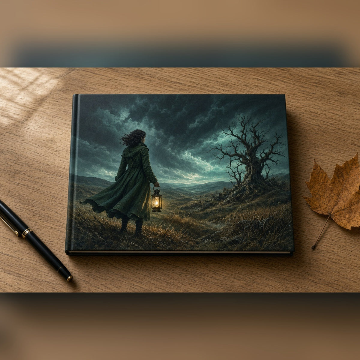Illustrated ghost hunter in a green coat with a lantern on a moor as a storm approaches printed flat on a notebook, made with prompt #226