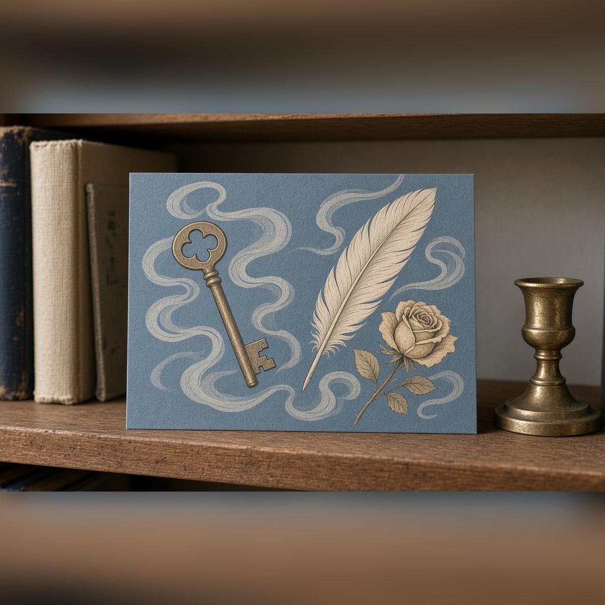 Collage-style vintage key, feather and dried rose in drifting mist swirls printed flat on a greeting card, made with prompt #416