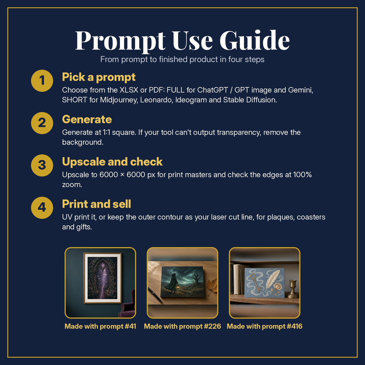 Prompt Use Guide for the Horror and Supernatural Complete Library: pick a prompt, generate, upscale and check, print and sell, with sample products made with the pack's prompts