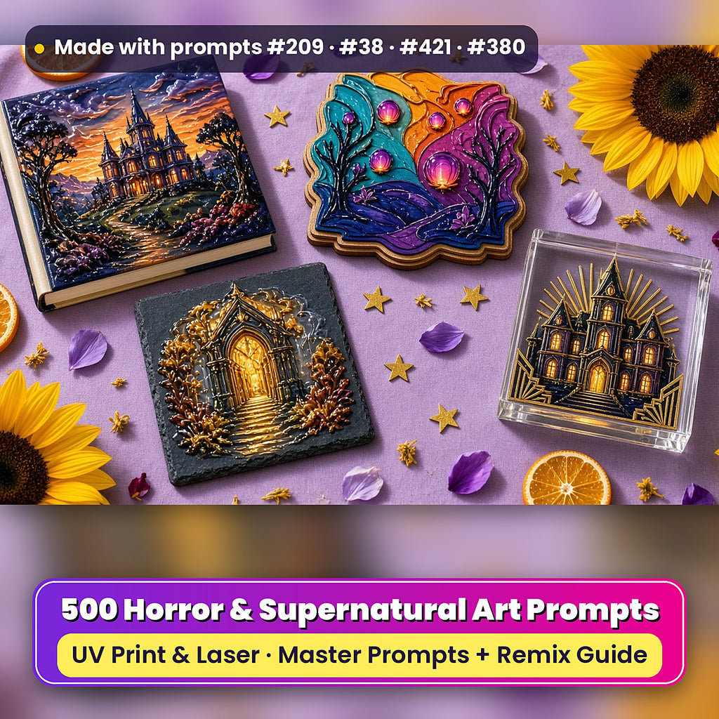 500 Horror Supernatural Art Prompts Library: Made with prompts #209 · #38 · #421 · #380 – realistic UV-printed mockup