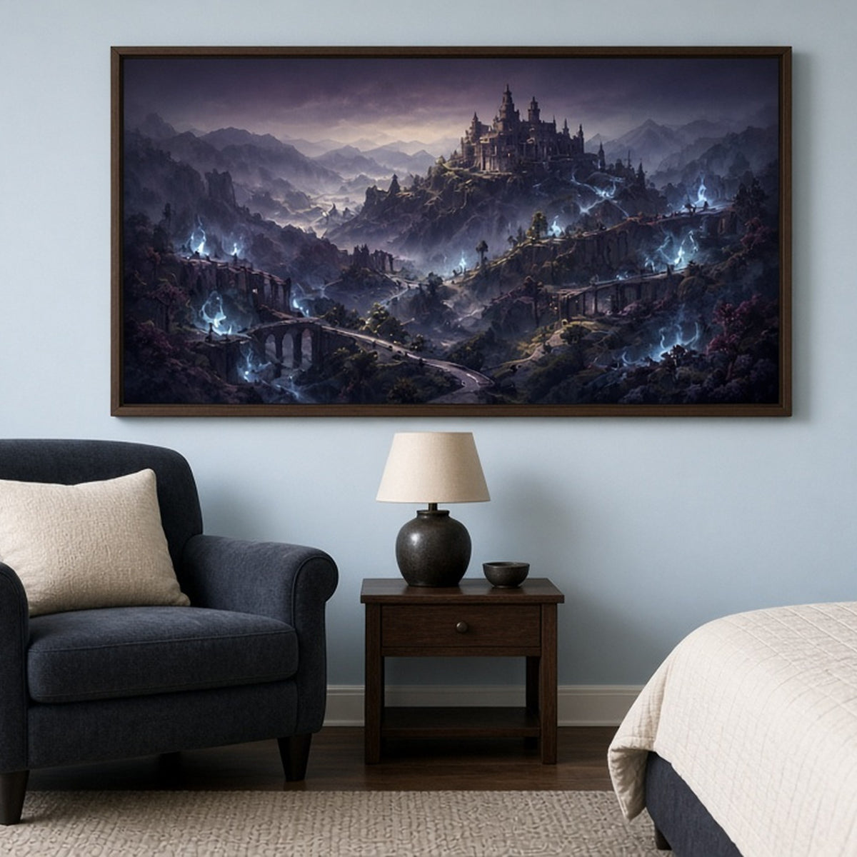 Luxury gothic misty valley with a hilltop manor, stone bridges and ghostly blue lights printed flat on a framed print in a bedroom, made with prompt #9