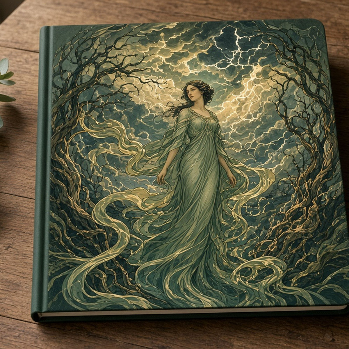 Art nouveau woman in a flowing green gown beneath a swirling storm sky printed flat on a notebook, made with prompt #46