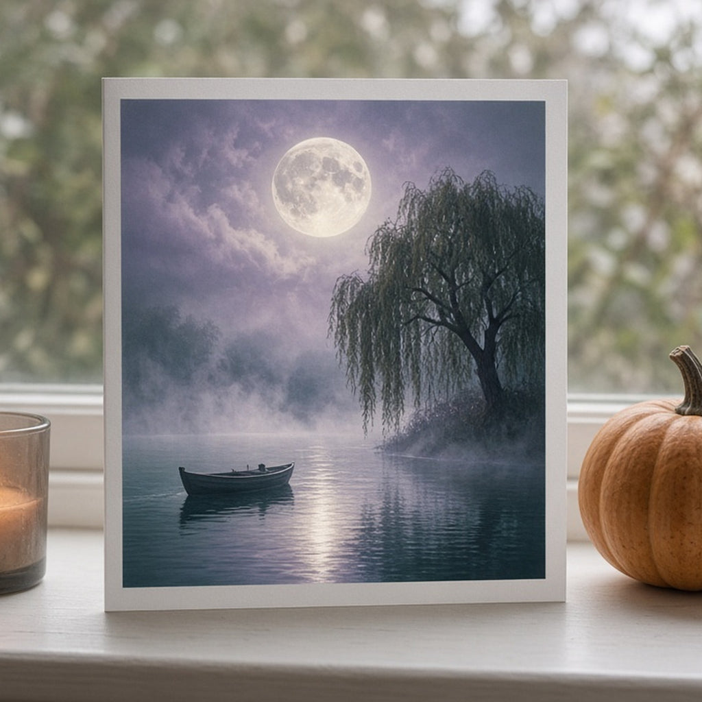 Full moon over a misty lake with a willow tree and a rowing boat printed flat on a greeting card, made with prompt #84