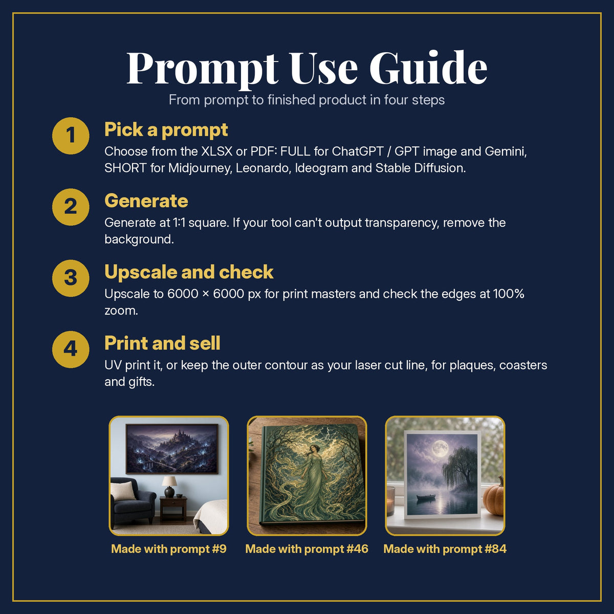 Prompt Use Guide for the Horror and Supernatural, Luxury & Decorative Collection: pick a prompt, generate, upscale and check, print and sell, with sample products made with the pack's prompts