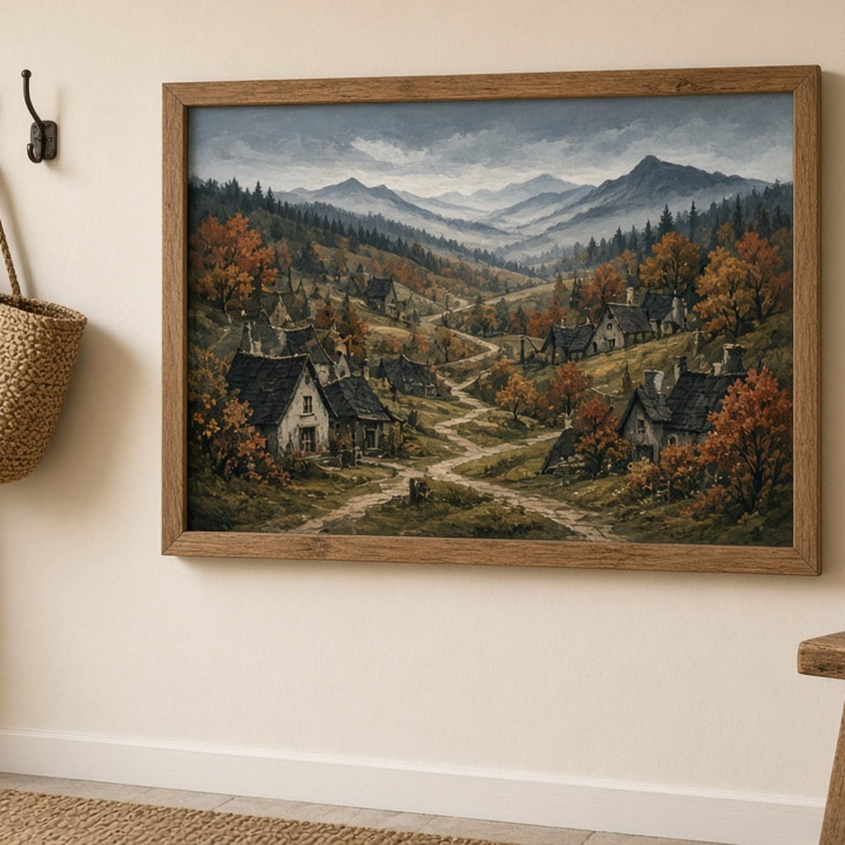 Hand-painted eerie autumn village of crooked cottages on rolling hills printed flat on a framed print in a hallway, made with prompt #9