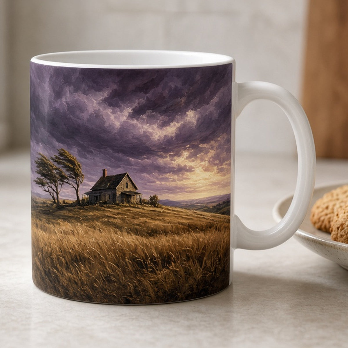 Oil-painted storm sky over a lonely farmhouse on a wheat hill printed flat on a mug, made with prompt #46