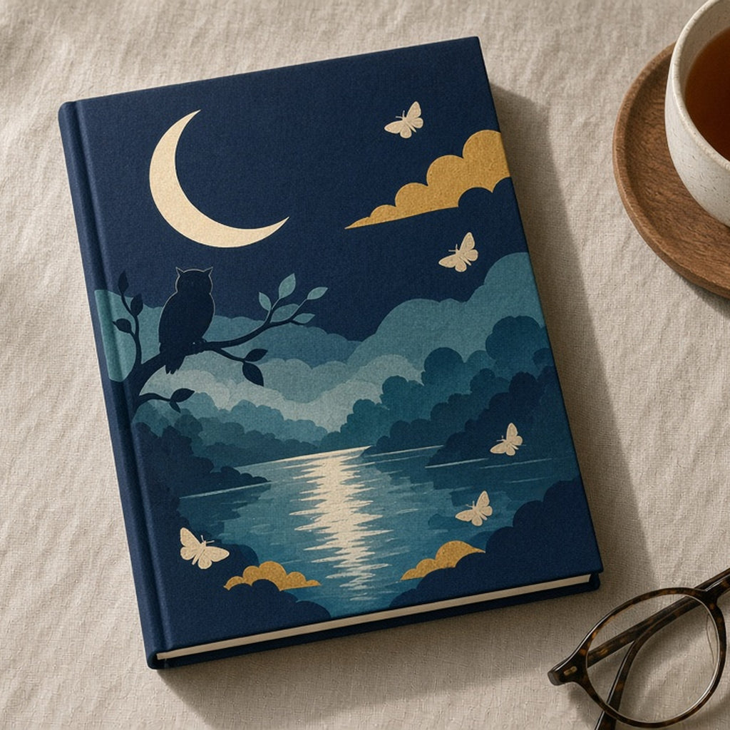Collage-style crescent moon, owl and moths over a moonlit pond printed flat on a notebook, made with prompt #84