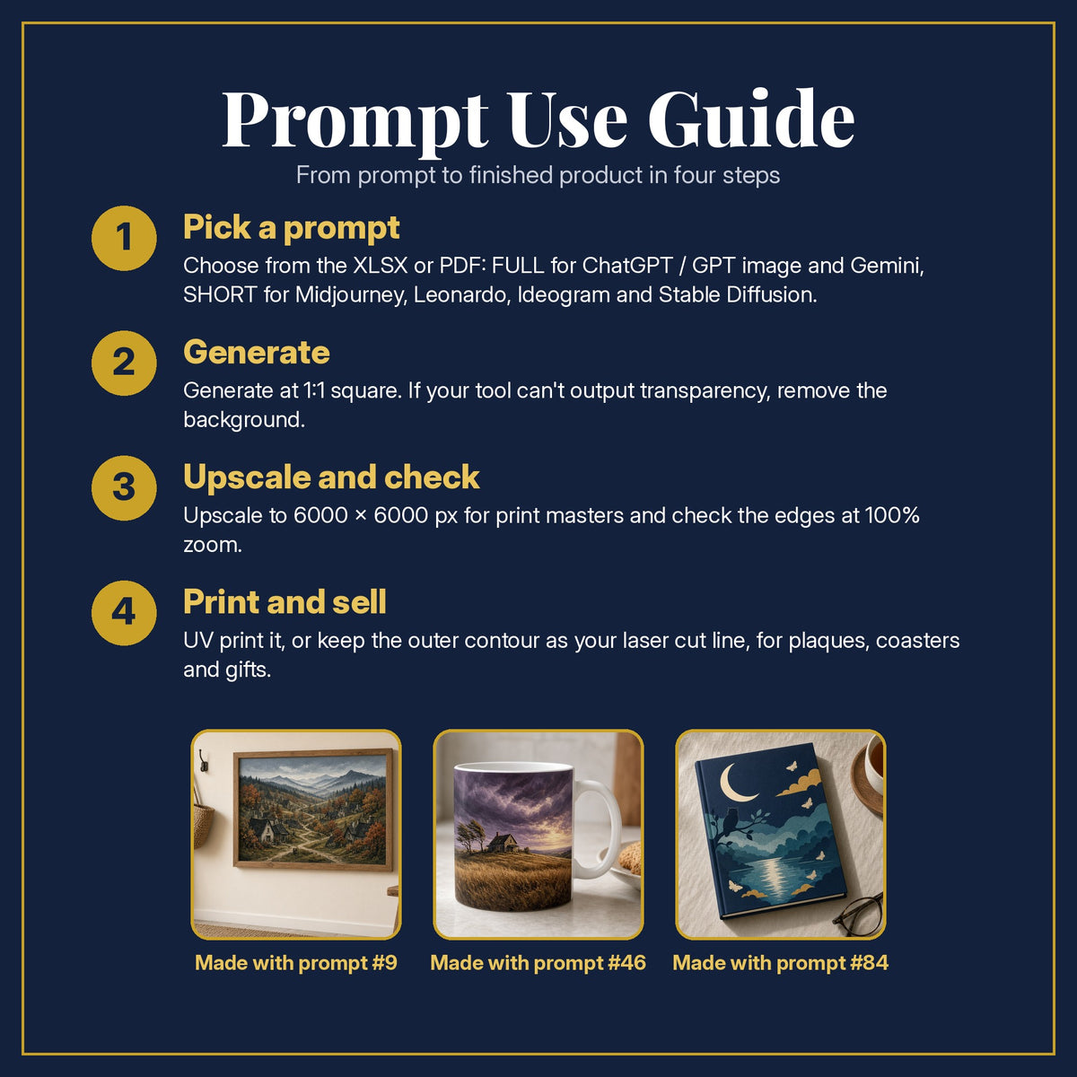Prompt Use Guide for the Horror and Supernatural, Painterly & Handmade Collection: pick a prompt, generate, upscale and check, print and sell, with sample products made with the pack's prompts