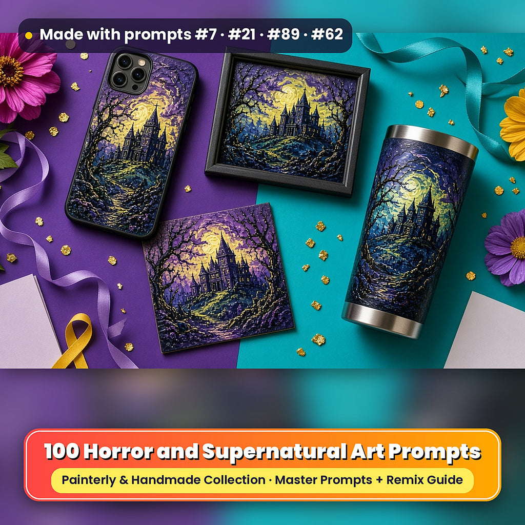 Horror and Supernatural, Painterly & Handmade Collection: realistic UV-printed mockup, made with prompts #7 · #21 · #89 · #62
