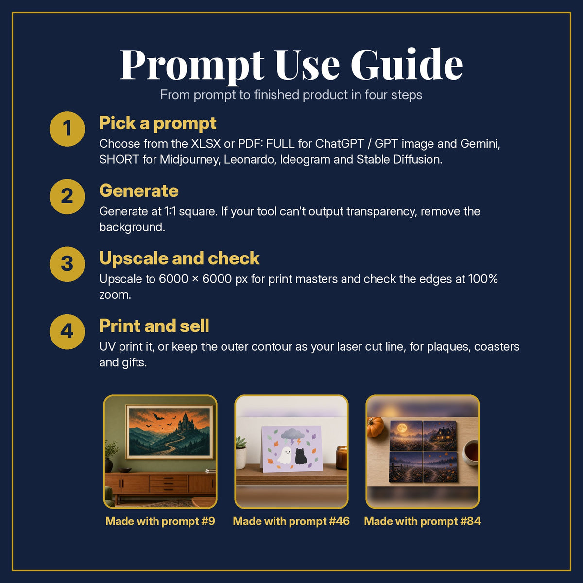 Prompt Use Guide for the Horror and Supernatural, Vintage & Whimsical Collection: pick a prompt, generate, upscale and check, print and sell, with sample products made with the pack's prompts