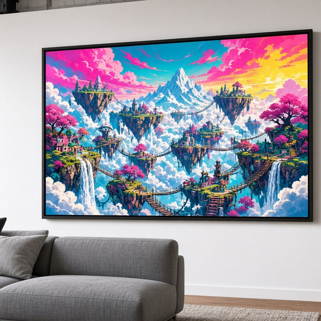 Bold colour fantasy world of floating islands linked by rope bridges and waterfalls printed flat on a framed print in a loft living room, made with prompt #9