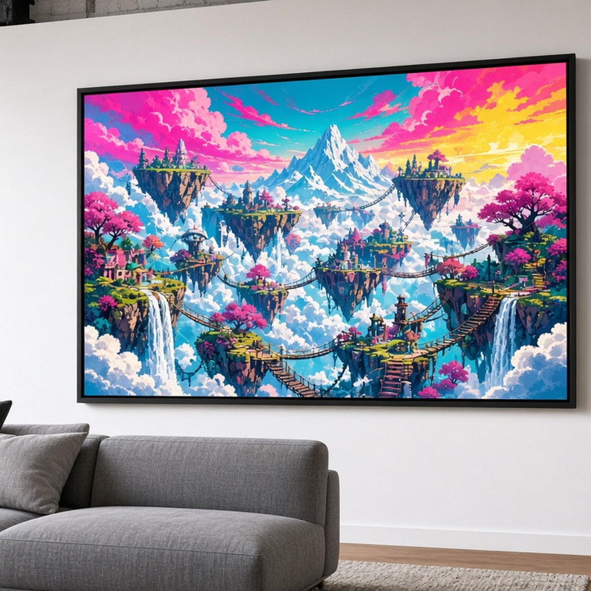 Bold colour fantasy world of floating islands linked by rope bridges and waterfalls printed flat on a framed print in a loft living room, made with prompt #9