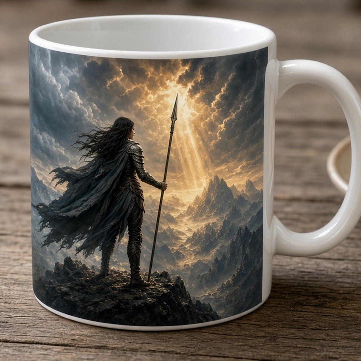 Cinematic warrior with a spear on a rocky ridge as a vast storm rolls over the mountains printed flat on a mug, made with prompt #46