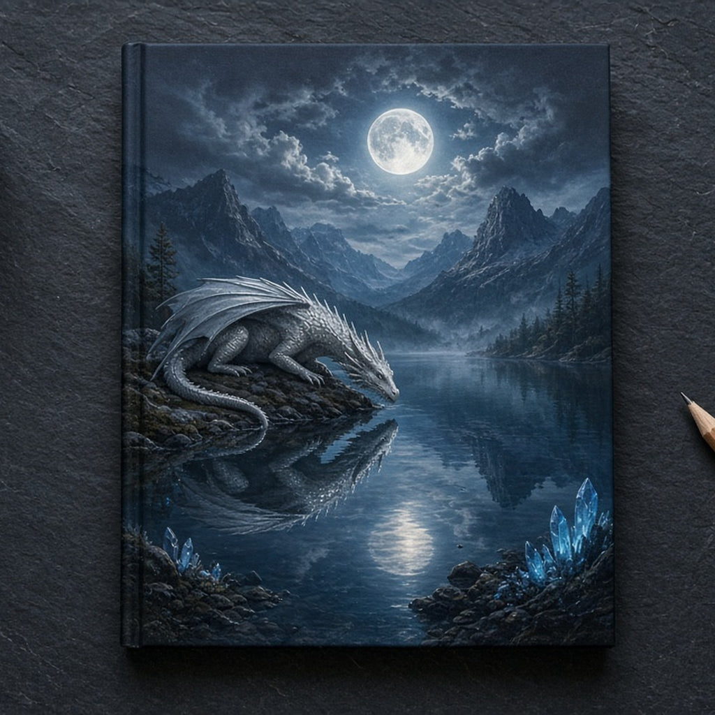 Silver dragon resting by a moonlit mountain lake with glowing blue crystals printed flat on a notebook, made with prompt #84
