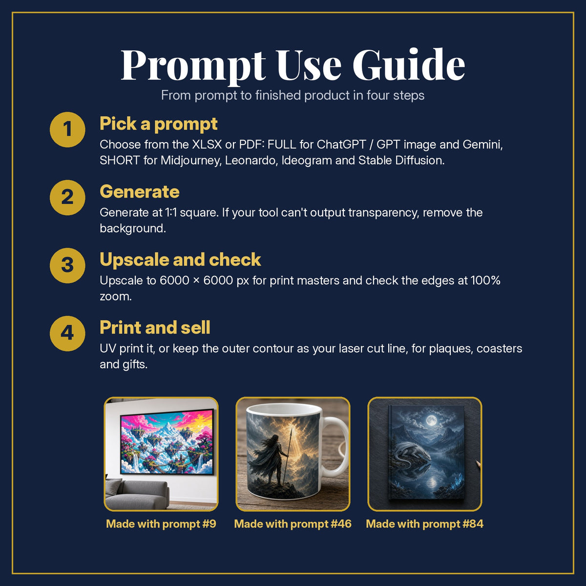 Prompt Use Guide for the Epic Fantasy, Cinematic & Bold Collection: pick a prompt, generate, upscale and check, print and sell, with sample products made with the pack's prompts