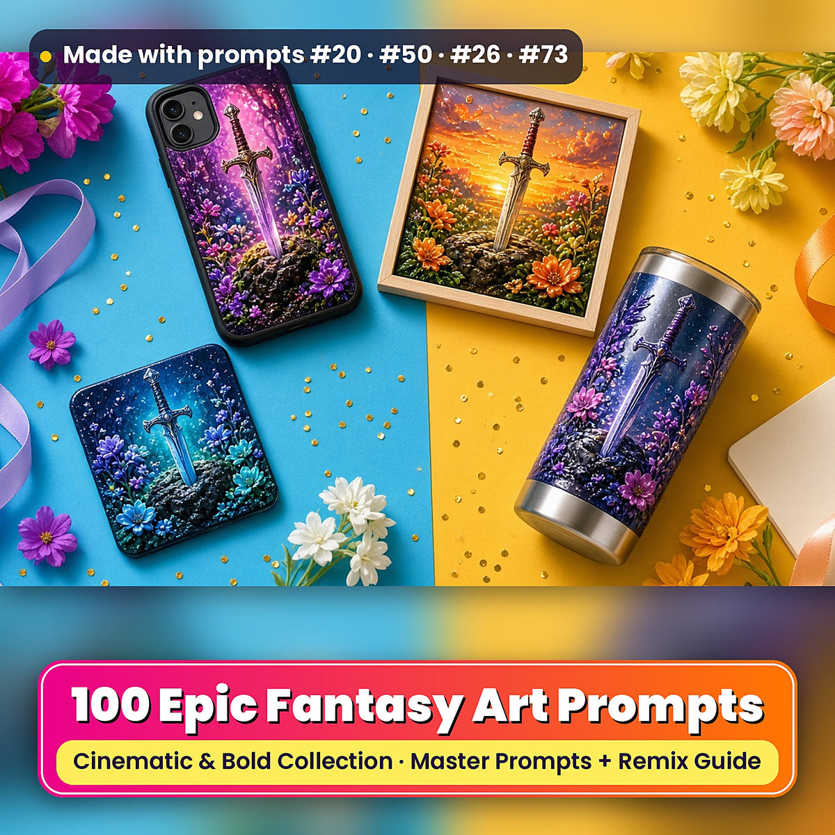 Epic Fantasy, Cinematic & Bold Collection: realistic UV-printed mockup, made with prompts #20 · #50 · #26 · #73