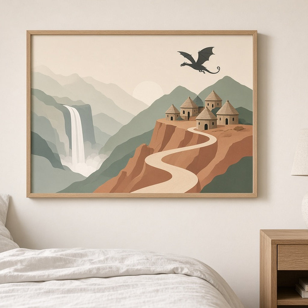 Modern minimal mountain world with a winding path to a cliffside village, waterfall and dragon printed flat on a framed print in a bedroom, made with prompt #9