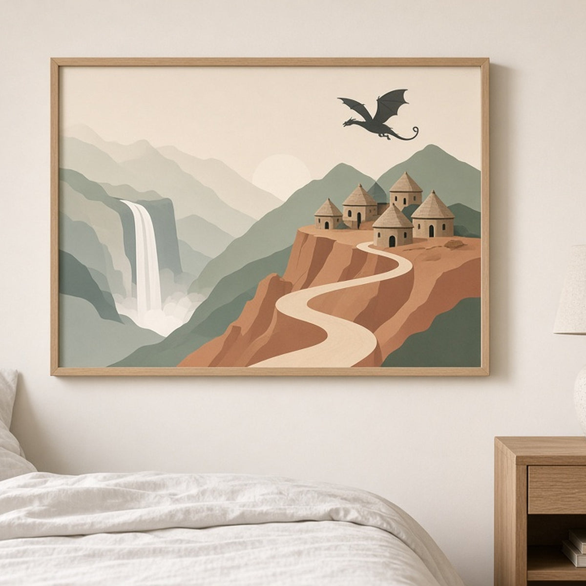 Modern minimal mountain world with a winding path to a cliffside village, waterfall and dragon printed flat on a framed print in a bedroom, made with prompt #9