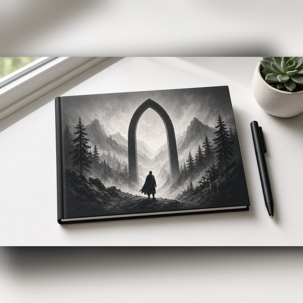 Monochrome stone archway on a misty mountain ridge with a lone traveller printed flat on a notebook, made with prompt #21