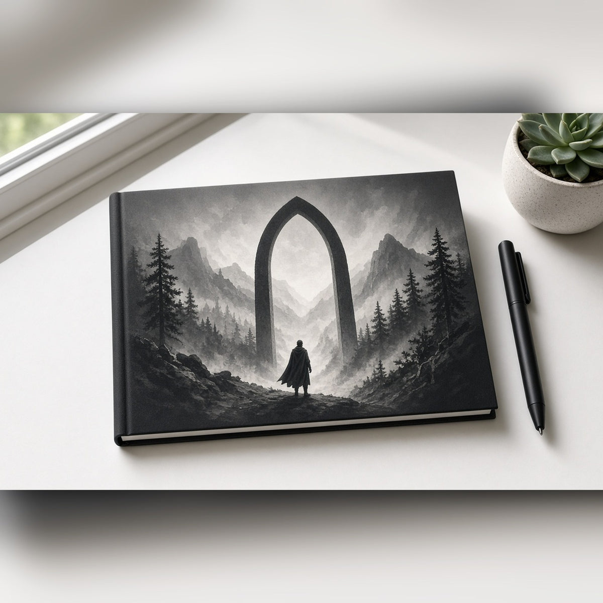 Monochrome stone archway on a misty mountain ridge with a lone traveller printed flat on a notebook, made with prompt #21