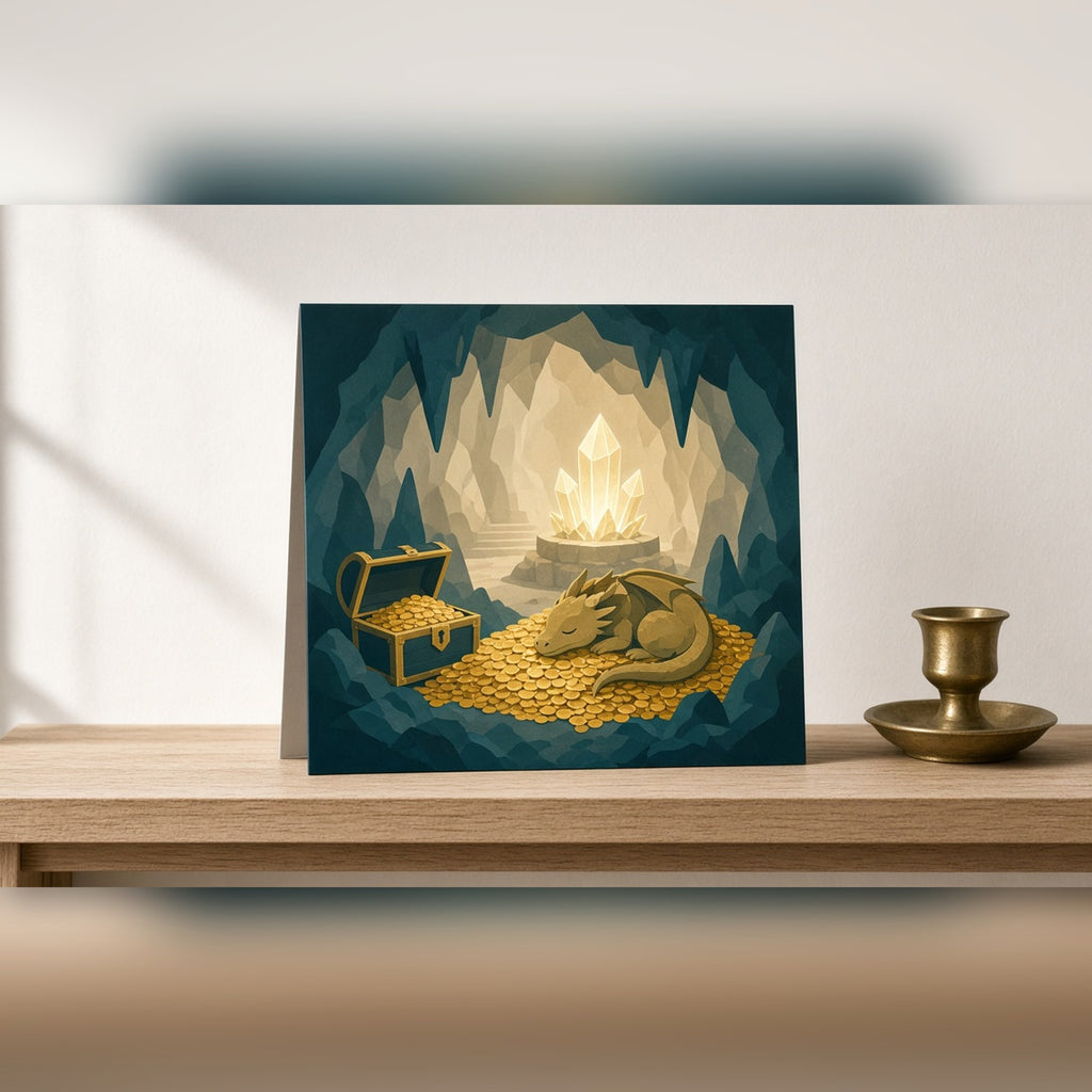 Minimal hidden cave treasure room with a sleeping dragon on gold coins and a glowing crystal printed flat on a greeting card, made with prompt #2