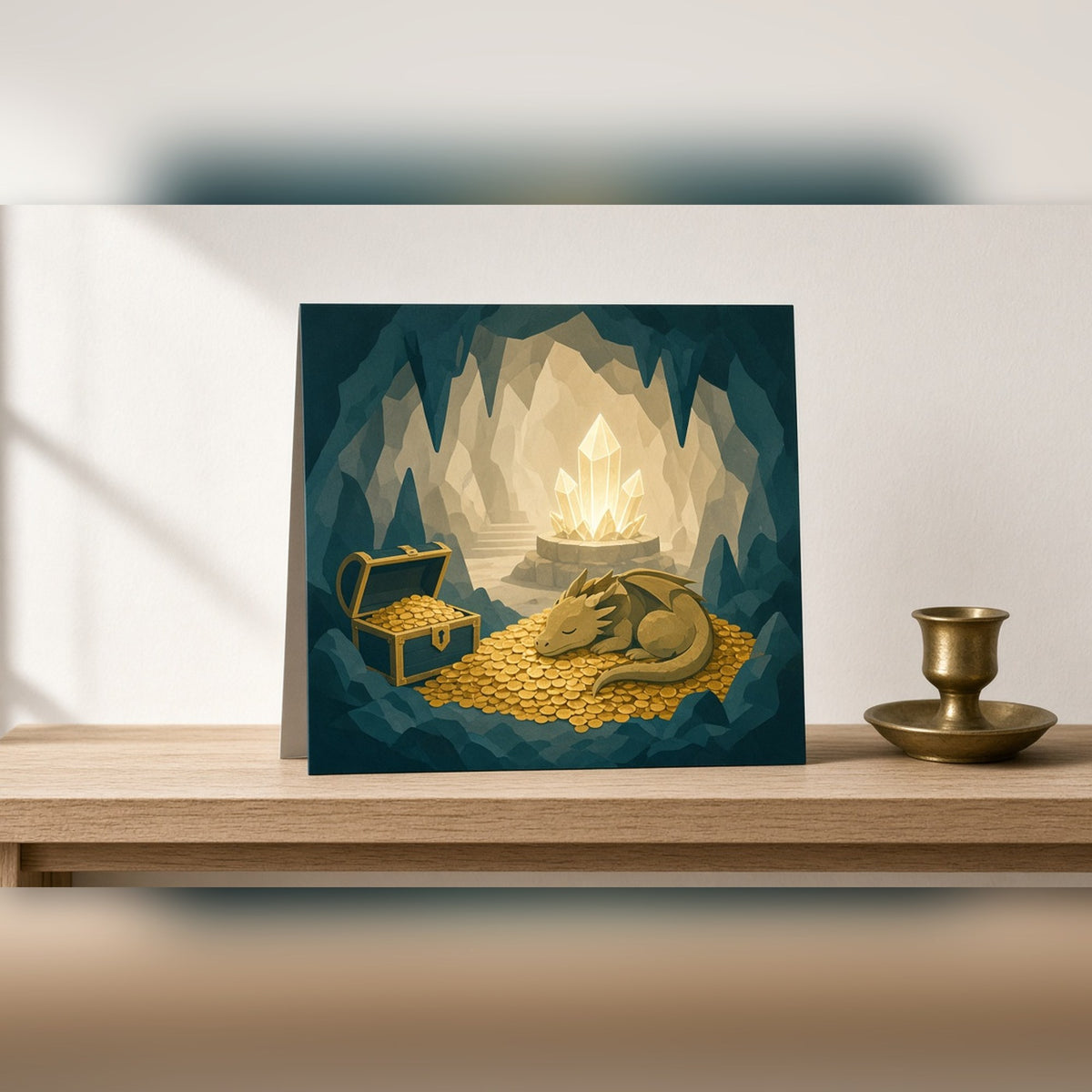 Minimal hidden cave treasure room with a sleeping dragon on gold coins and a glowing crystal printed flat on a greeting card, made with prompt #2