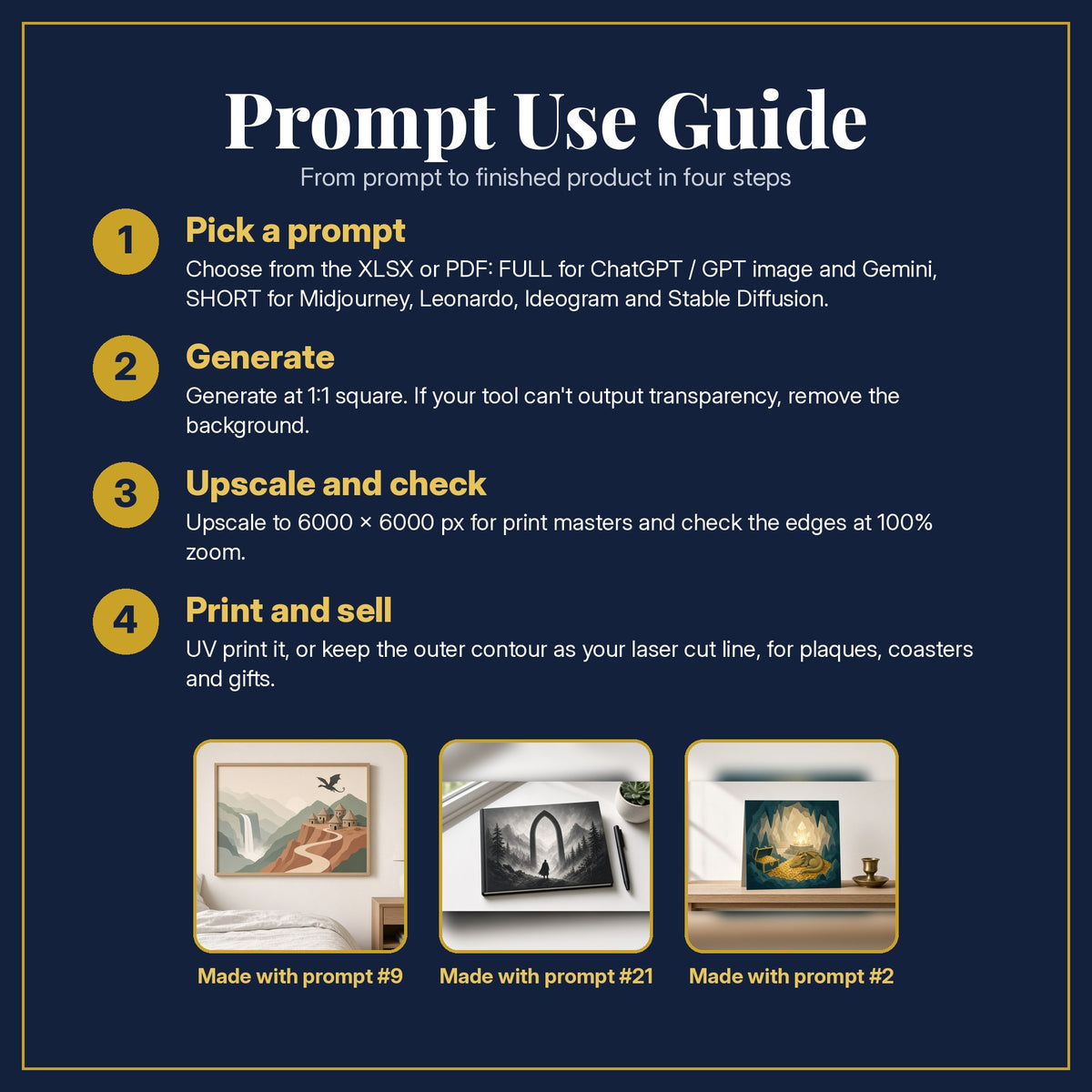 Prompt Use Guide for the Epic Fantasy, Clean & Graphic Collection: pick a prompt, generate, upscale and check, print and sell, with sample products made with the pack's prompts
