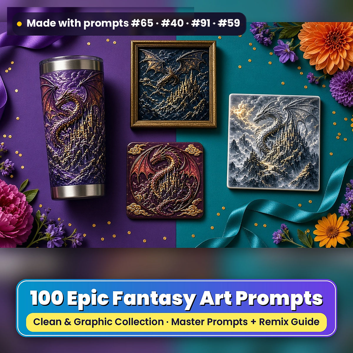 Epic Fantasy, Clean & Graphic Collection: Made with prompts #65 · #40 · #91 · #59 – realistic UV-printed mockup