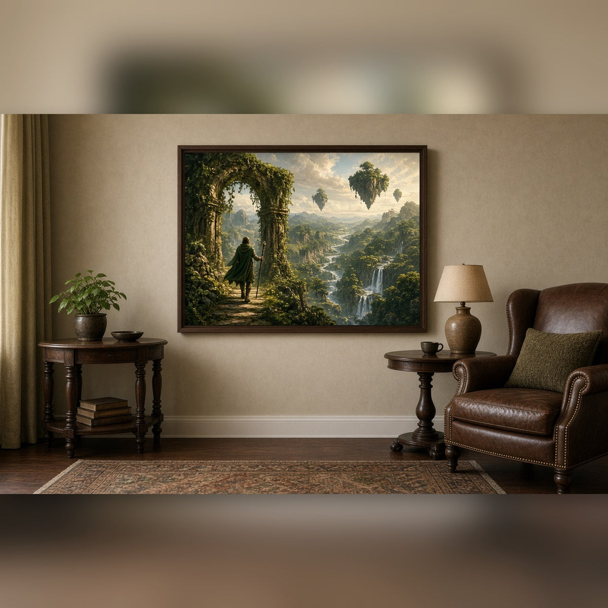 Luxury epic fantasy vine-covered stone archway opening onto a valley of waterfalls and floating islands with a cloaked traveller printed flat on a framed print in a study, made with prompt #41