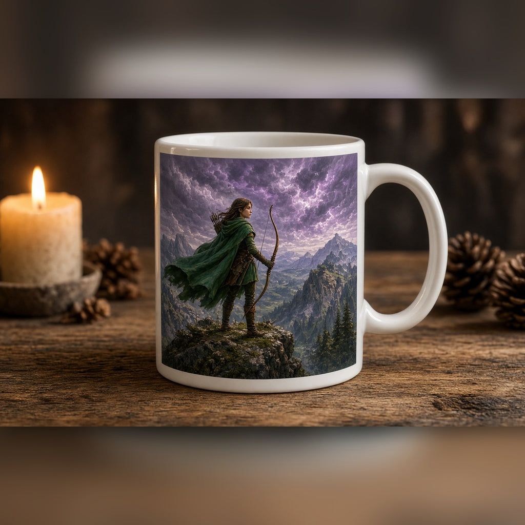 Illustrated fantasy ranger in a green hooded cloak with a longbow on a cliff as a violet storm rolls in printed flat on a mug, made with prompt #226