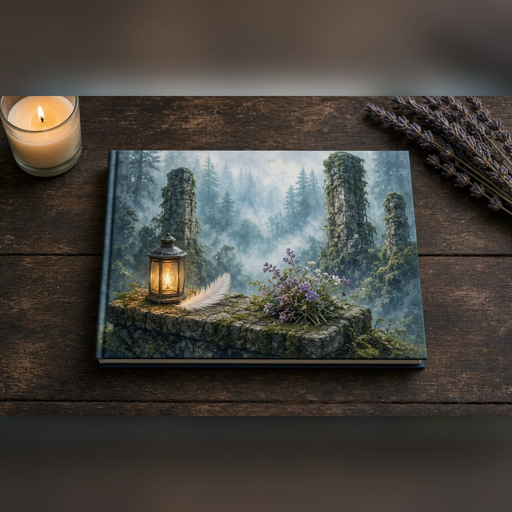 Misty ancient forest ruin with mossy stone pillars, a glowing lantern, a feather and wildflowers on a stone bench printed flat on a notebook, made with prompt #416