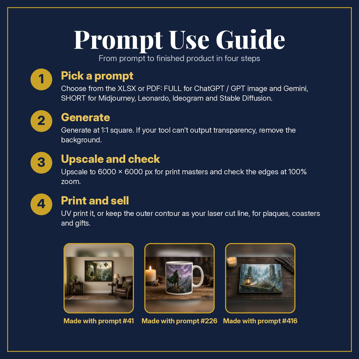 Prompt Use Guide for the Epic Fantasy Complete Library: pick a prompt, generate, upscale and check, print and sell, with sample products made with the pack's prompts