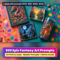 500 Fantasy Art Prompts Library: Made with prompts #133 · #65 · #224 · #441 – realistic UV-printed mockup