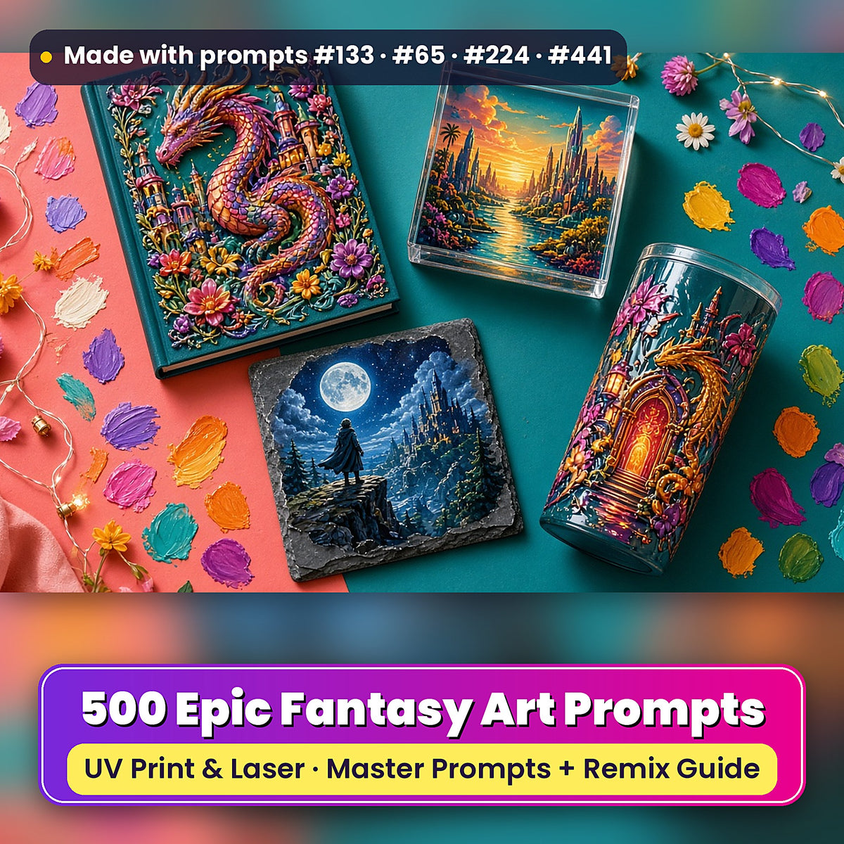 500 Fantasy Art Prompts Library: Made with prompts #133 · #65 · #224 · #441 – realistic UV-printed mockup