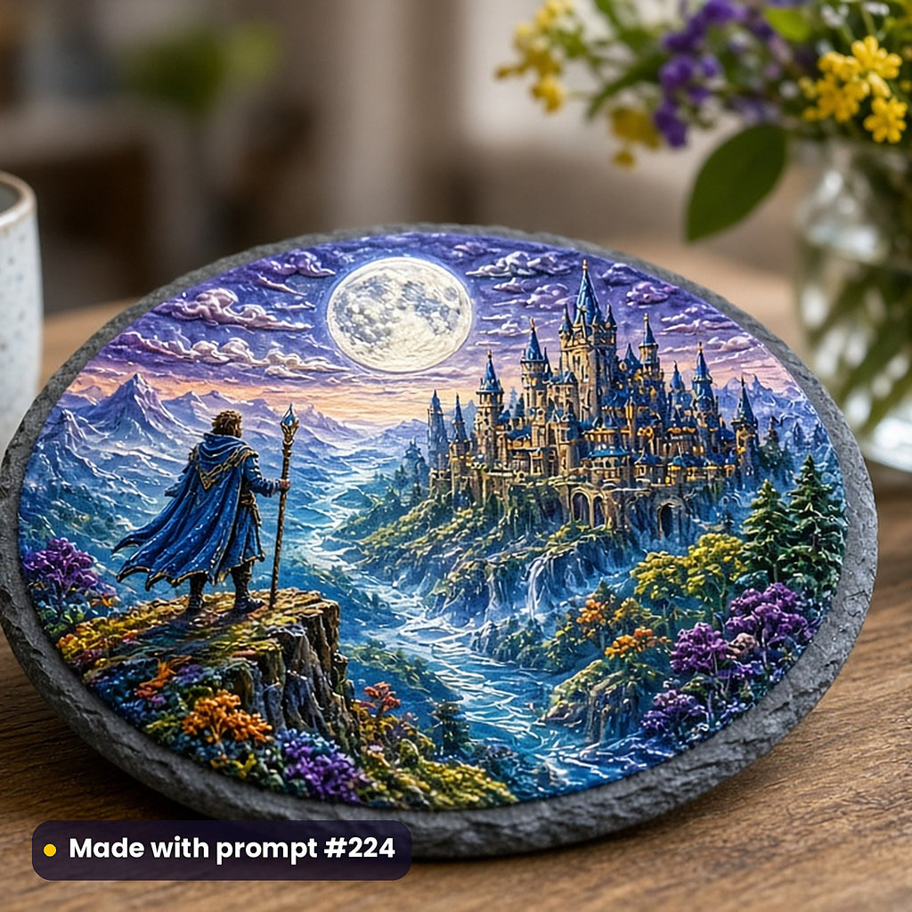 500 Fantasy Art Prompts Library: Made with prompt #224 – realistic UV-printed mockup (Illustrated Character — Moonlit Scene)