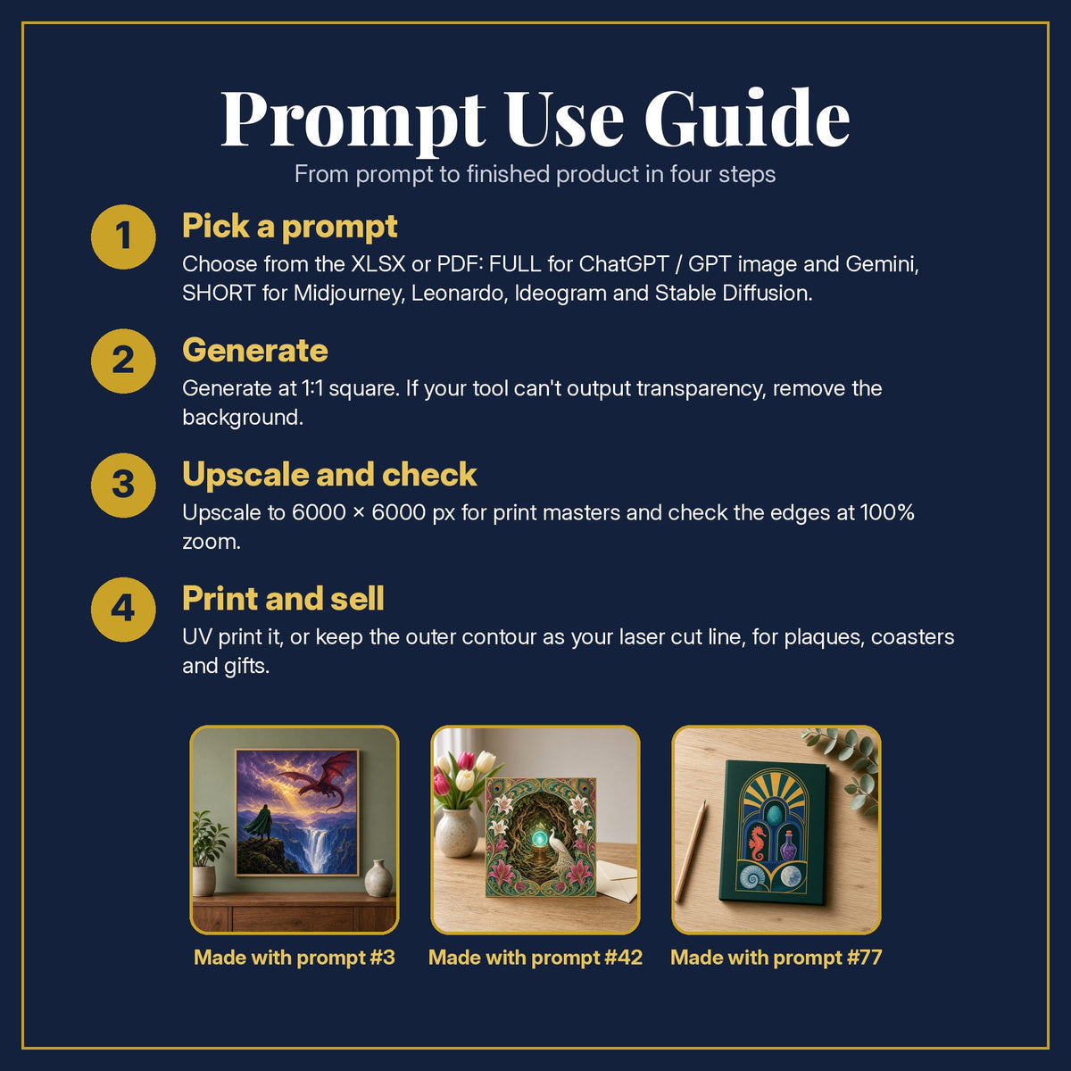 Prompt Use Guide for the Epic Fantasy, Luxury & Decorative Collection: pick a prompt, generate, upscale and check, print and sell, with sample products made with the pack's prompts