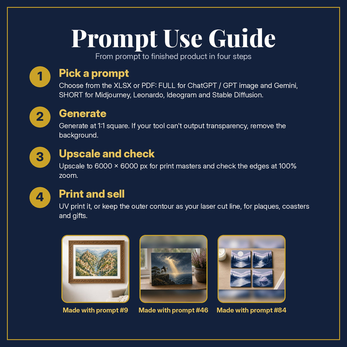 Prompt Use Guide for the Epic Fantasy, Painterly & Handmade Collection: pick a prompt, generate, upscale and check, print and sell, with sample products made with the pack's prompts