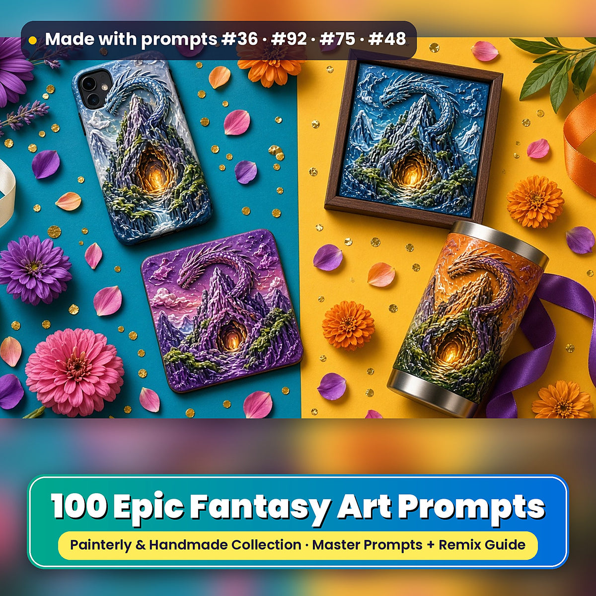 Epic Fantasy, Painterly & Handmade Collection: realistic UV-printed mockup, made with prompts #36 · #92 · #75 · #48