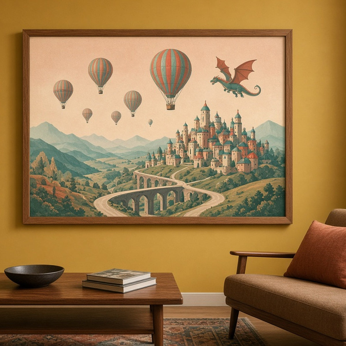 Vintage retro fantasy hill town with arched bridges, hot air balloons and a small dragon printed flat on a framed print in a living room, made with prompt #9