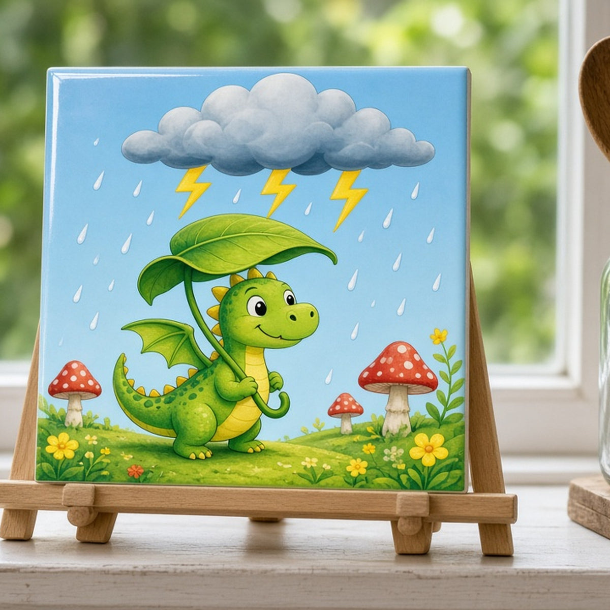 Playful little green dragon sheltering under a leaf umbrella as a storm cloud passes printed flat on a ceramic tile, made with prompt #46